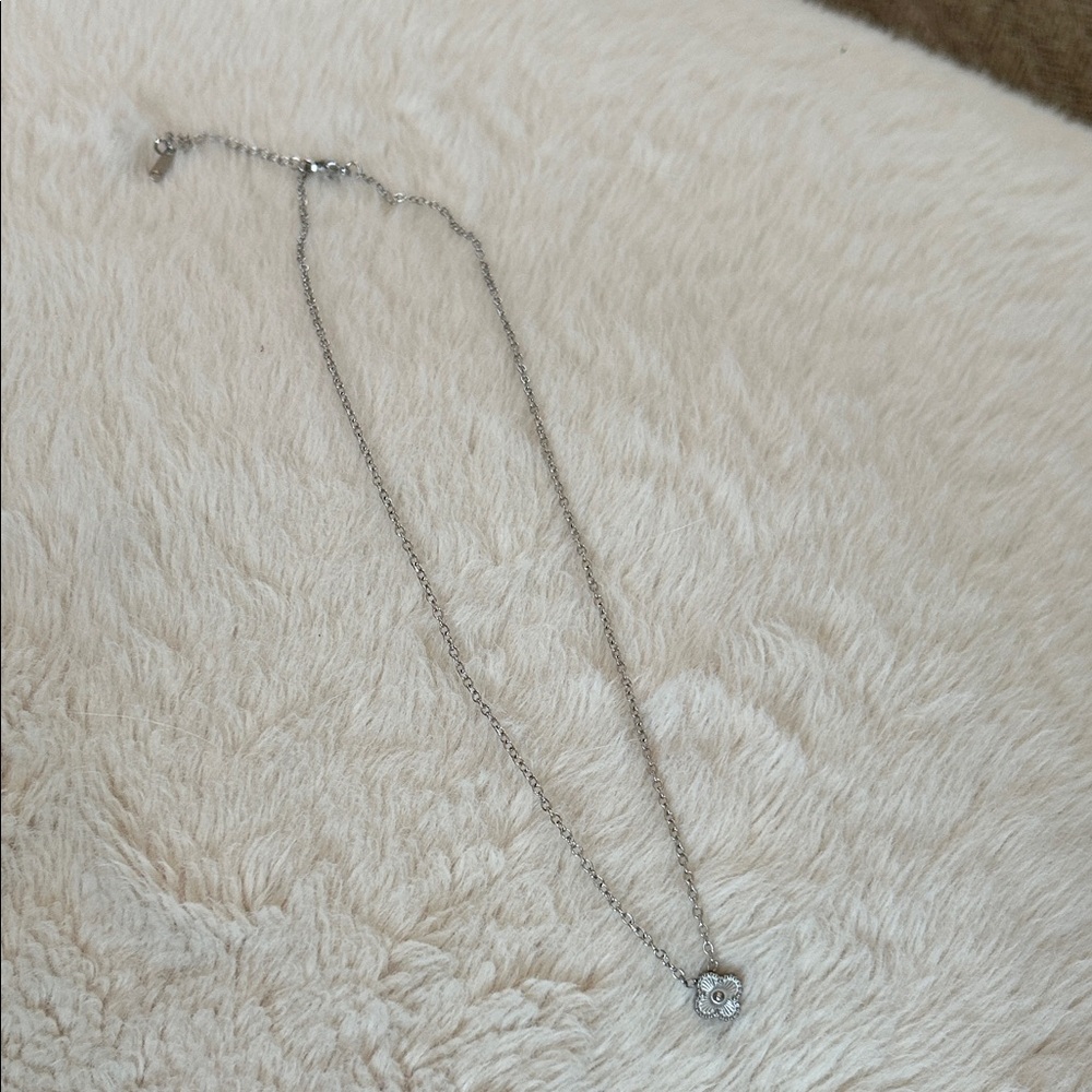 Faux Van Cleef Silver Necklace with Floral Pendant